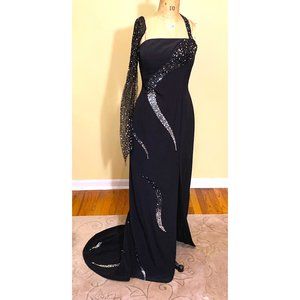Dramatic Black Sequin Detail Evening Gown, Asymmetrical One Shoulder, Kick Train